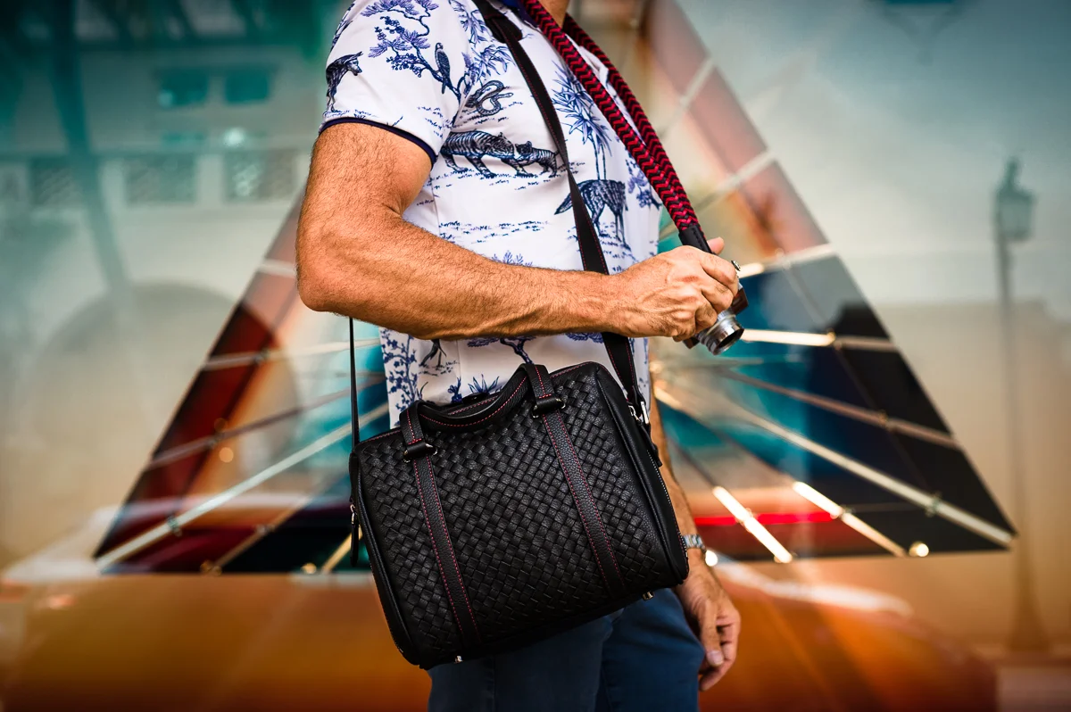 hand woven leather camera bag