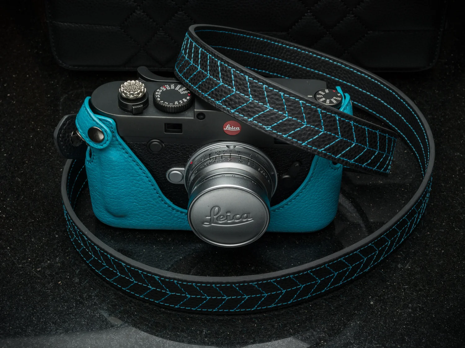Miami blue leather camera strap leica m10