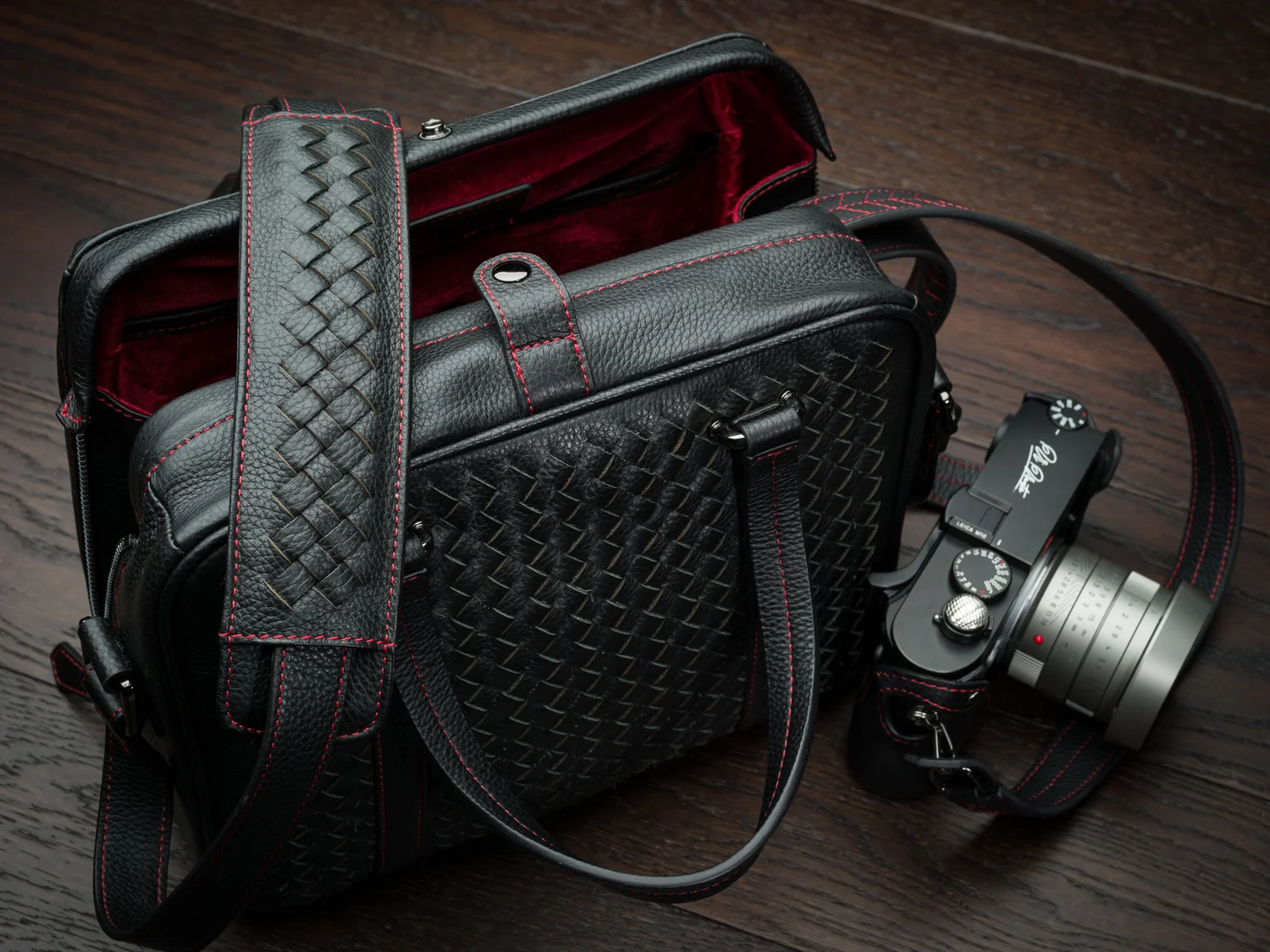 hand woven leather camera bag