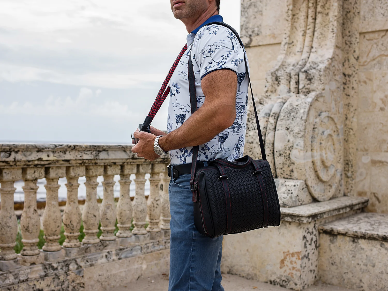hand woven leather camera bag