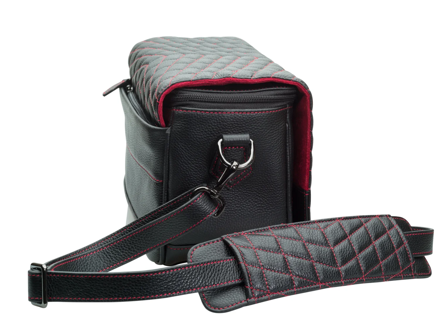 Vi Vante Dual Flap "Pegasus V2" Black Leather Camera Bag with Red Quilting, image 13