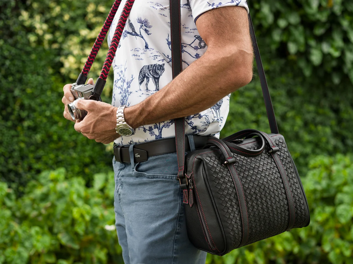 hand woven leather camera bag